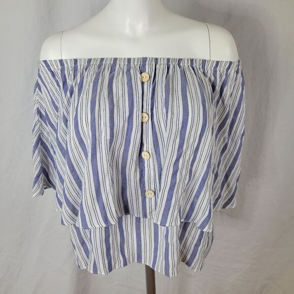 Kate Landry ee:some Off the Shoulder Denim Blue and White Striped‎ Top Size L - Picture 1 of 8